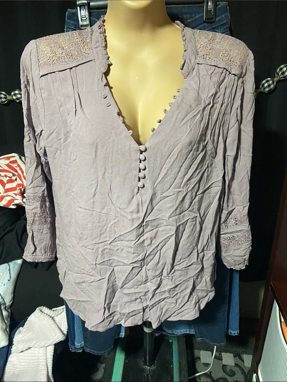 Democracy Lavender Lace-Trim V-Neck Blouse
